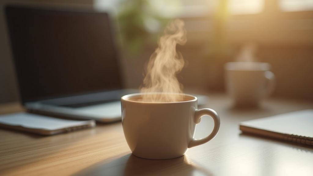 Egy gőzölgő specialty kávé egy rendezett irodai asztalon, háttérben homályos laptop és jegyzettömbök