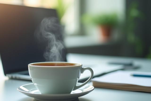 Egy illatos kávéscsésze egy modern irodai asztalon, háttérben laptop és jegyzetek. A kép a kávé termelékenységre gyakorolt pozitív hatását sugallja.