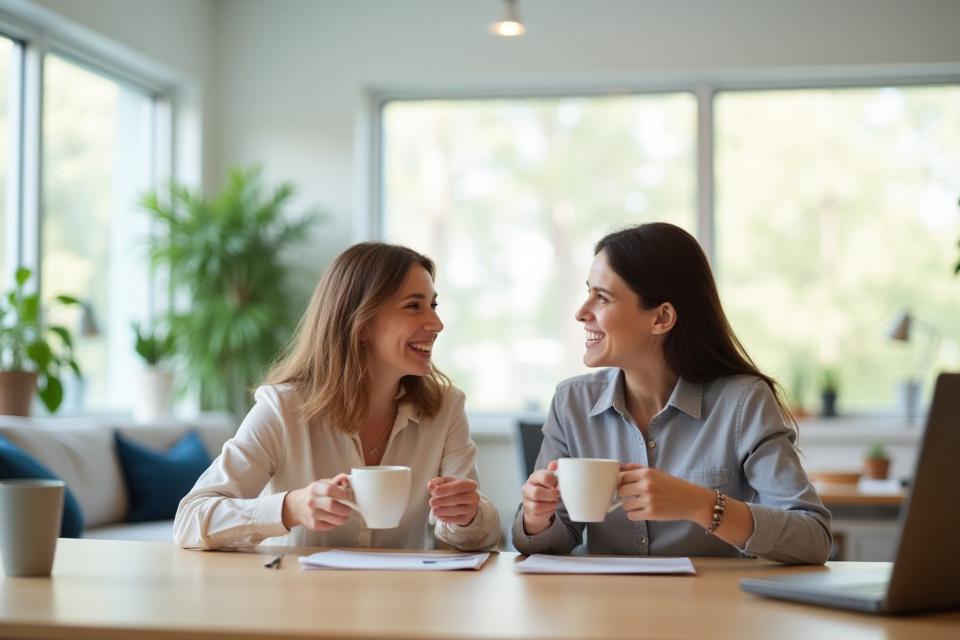 Két kolléga beszélget egy modern irodában kávék mellett, mosolyogva és együttműködve