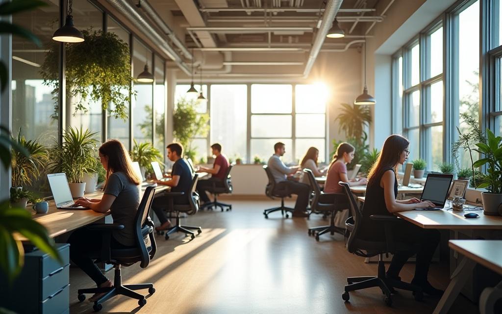 Egy modern, világos, növényekkel díszített co-working tér, ahol emberek laptopokon dolgoznak, hangsúlyozva a produktív és inspiráló környezetet.