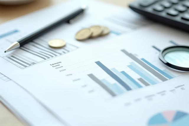 Egy íróasztal rengeteg diagrammal, grafikonokkal, számológéppel és pénzérmékkel, ami az alapos pénzügyi tervezést és tanácsadást szemlélteti.