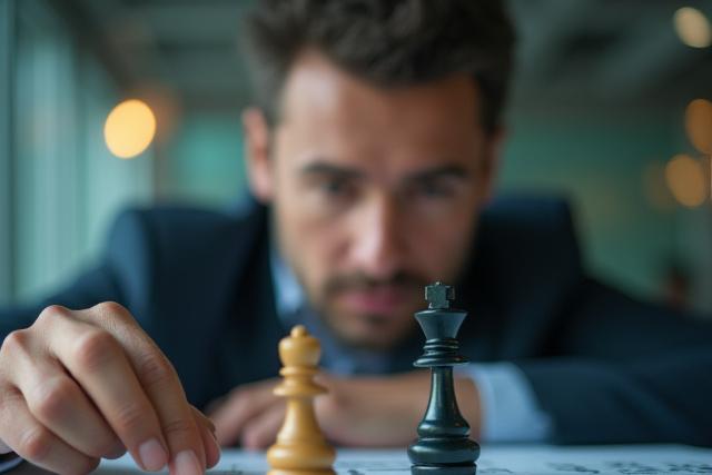 Egy üzletember elmélkedik egy sakkfigurával, homályos irodai háttérrel, ami a stratégiai gondolkodás és a vállalkozás pszichológiáját jelképezi.