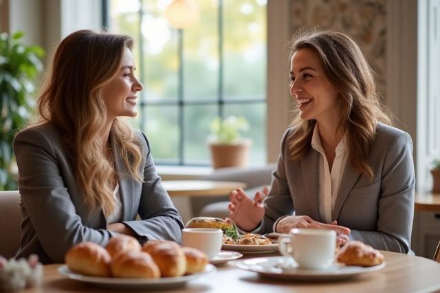 Két elegánsan öltözött üzletember tárgyal egy kávézóban asztalnál, friss péksüteményekkel és kávéval, ami egy sikeres üzleti reggelit ábrázol.