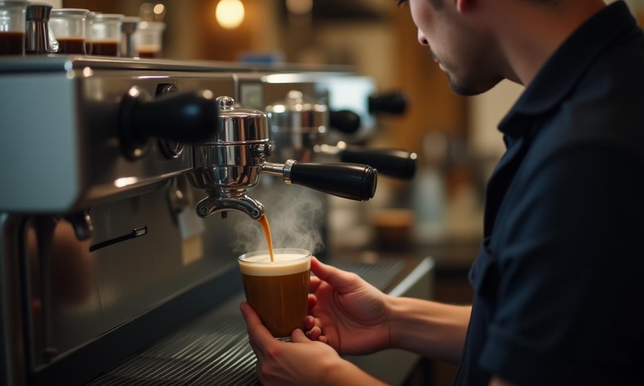 Barista készít specialty kávét, a kávégép gőzölög, professzionális háttérrel