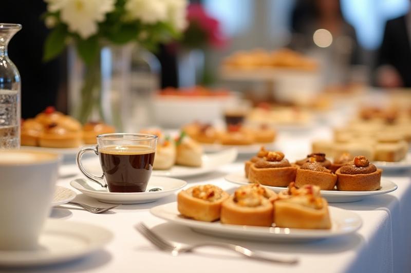Elegánsan terített catering asztal kávékkal, süteményekkel és szendvicsekkel egy üzleti rendezvényen