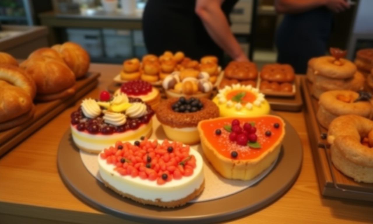 Kézműves sütemények és péksütemények ízlésesen elrendezve egy kávézó pultján