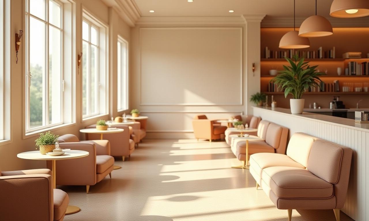 Hangulatos kávézó belső tér, kényelmes székekkel és asztalokkal, természetes fénnyel