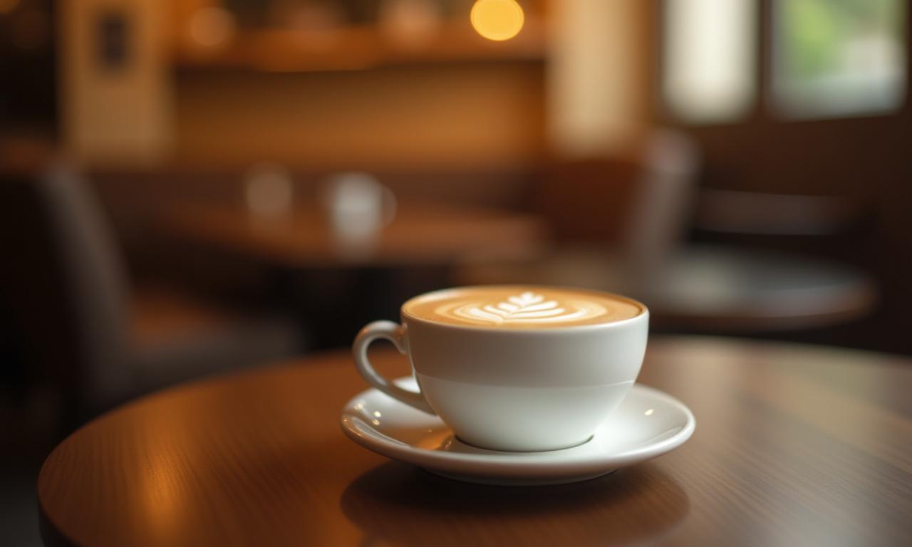 Egy gyönyörűen elkészített latte art egy kávézóban, barátságos, meleg fényekkel