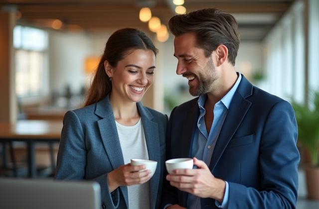 Anna és Péter, a Holdfény Services alapítói egy modern, elegáns irodában, kávéval a kezükben.